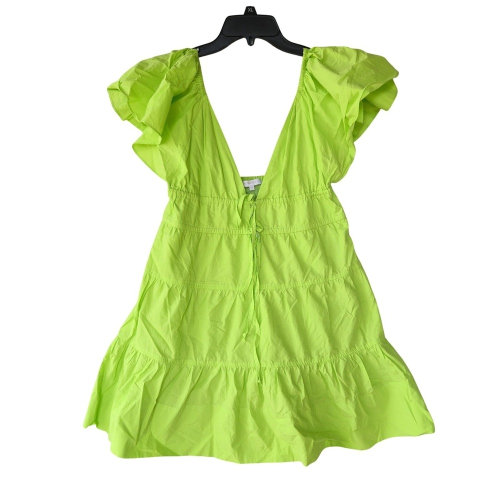 Olivaceous Lime Green Ruffle Tiered Mini Dress V-Neck Flounce Cottagecore Size M